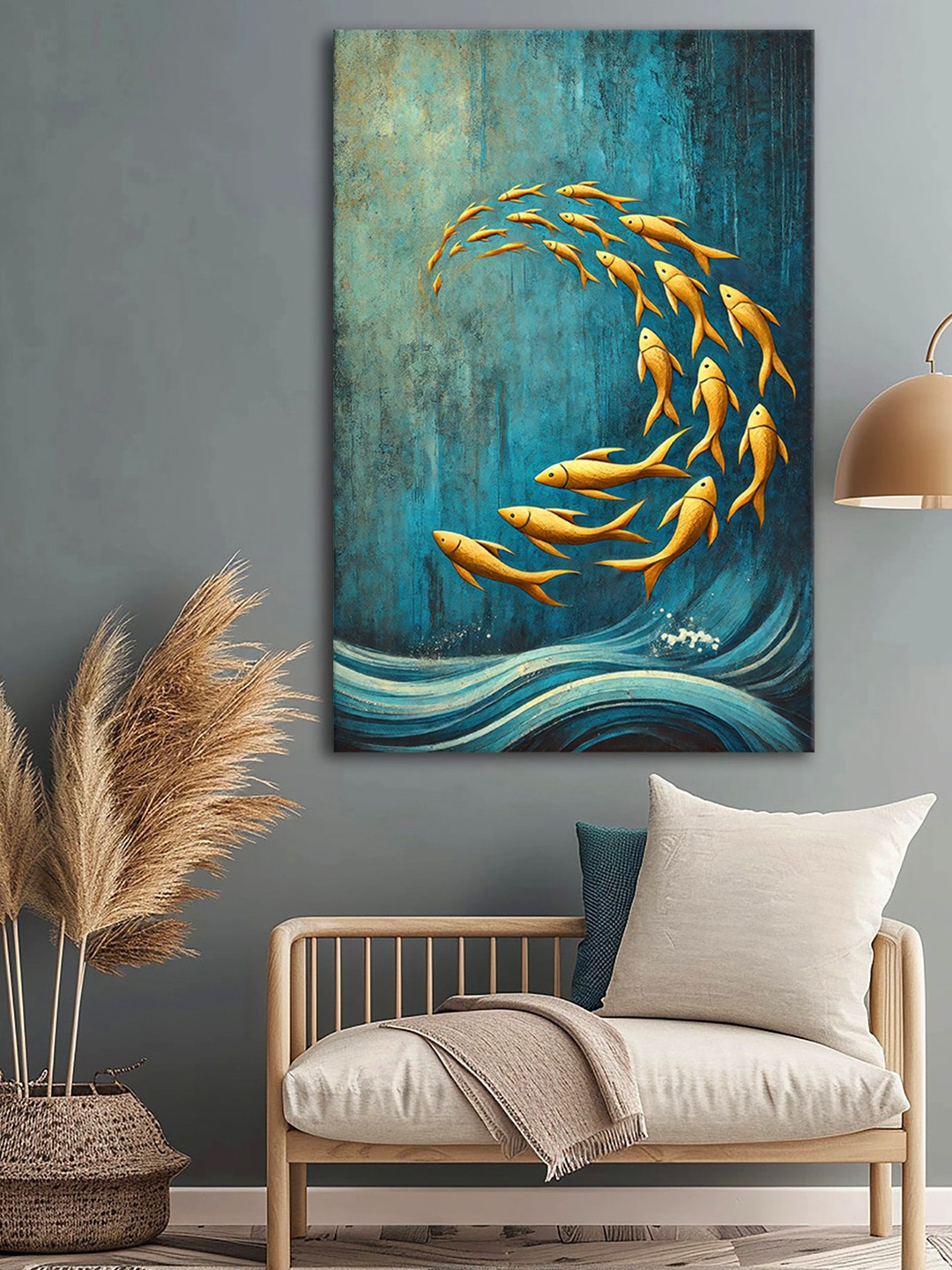 

999Store Blue & Gold-Toned Fish Swimming Canvas Art