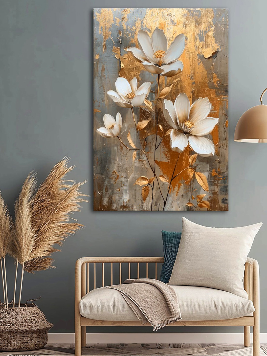 

999Store Gold-Toned & White Floral and Botanical Canvas Wall Art