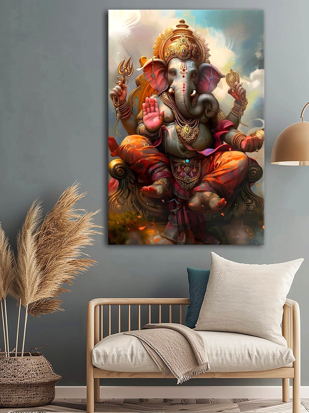 

999Store Brown & Orange-Coloured Ganesha Canvas Religious Wall Art