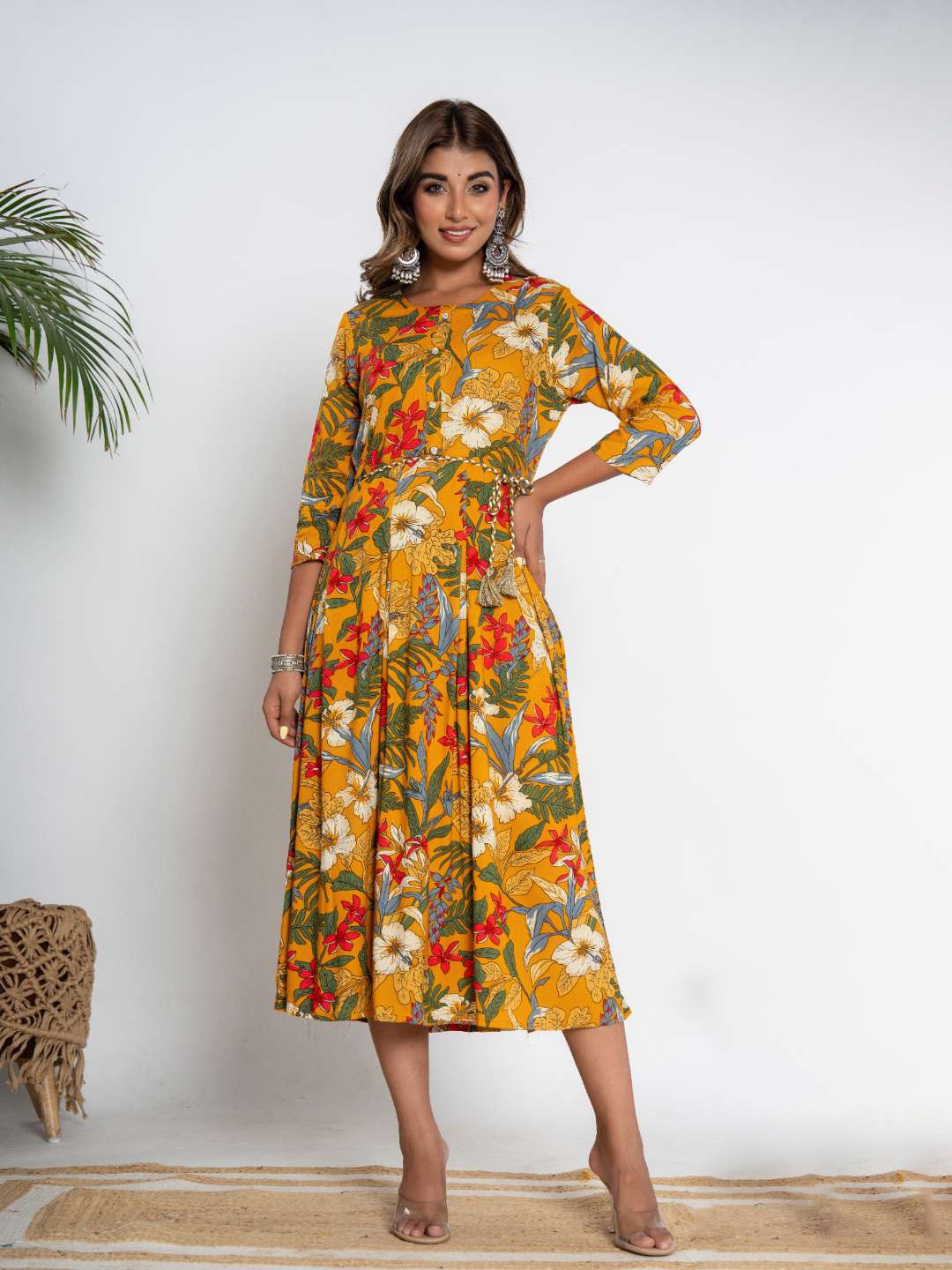 

DIZON Women Floral Printed Midi Fit & Flare Ethnic Dress, Yellow