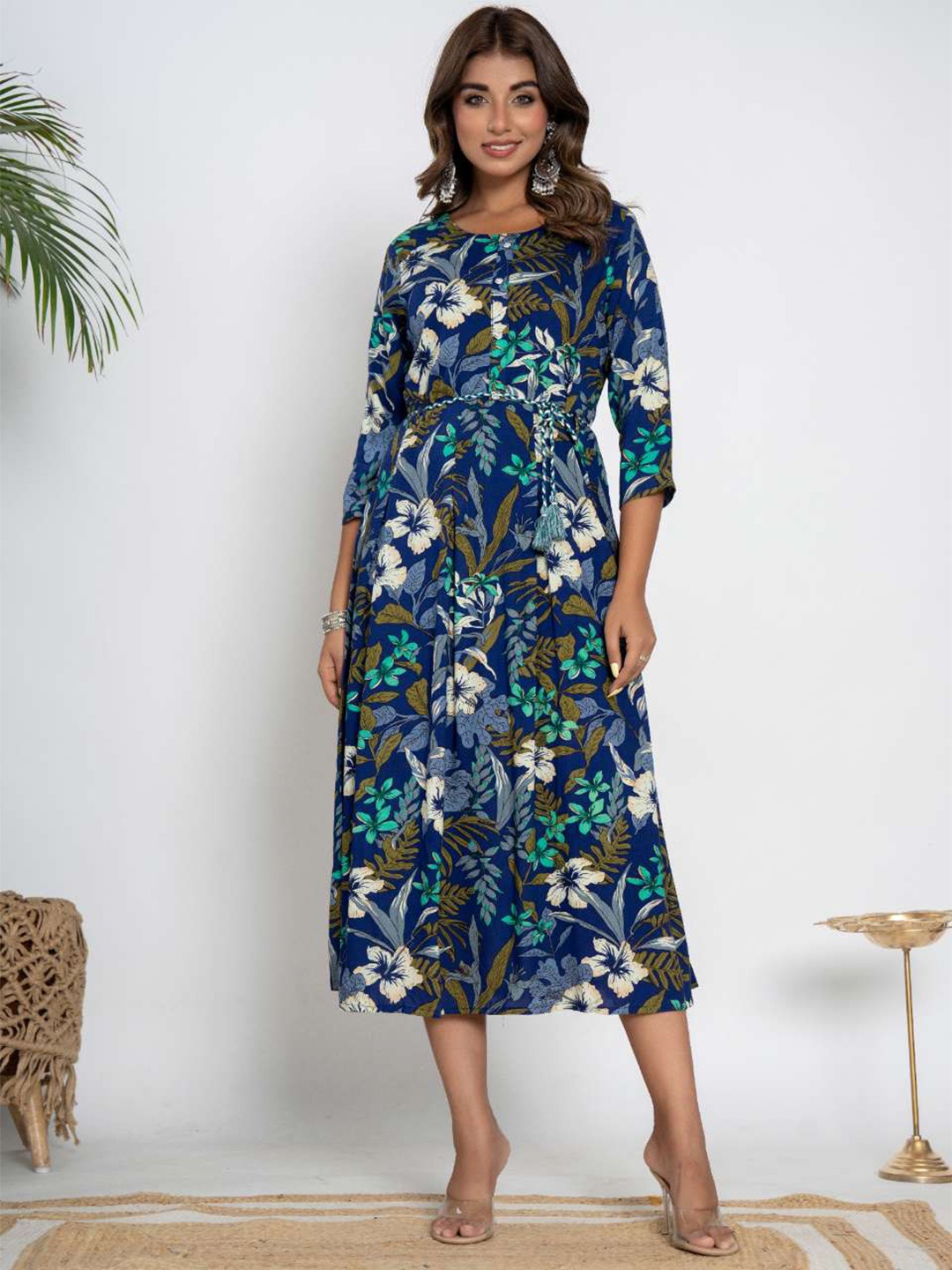 

DIZON Women Floral Printed Midi Fit & Flare Ethnic Dress, Navy blue