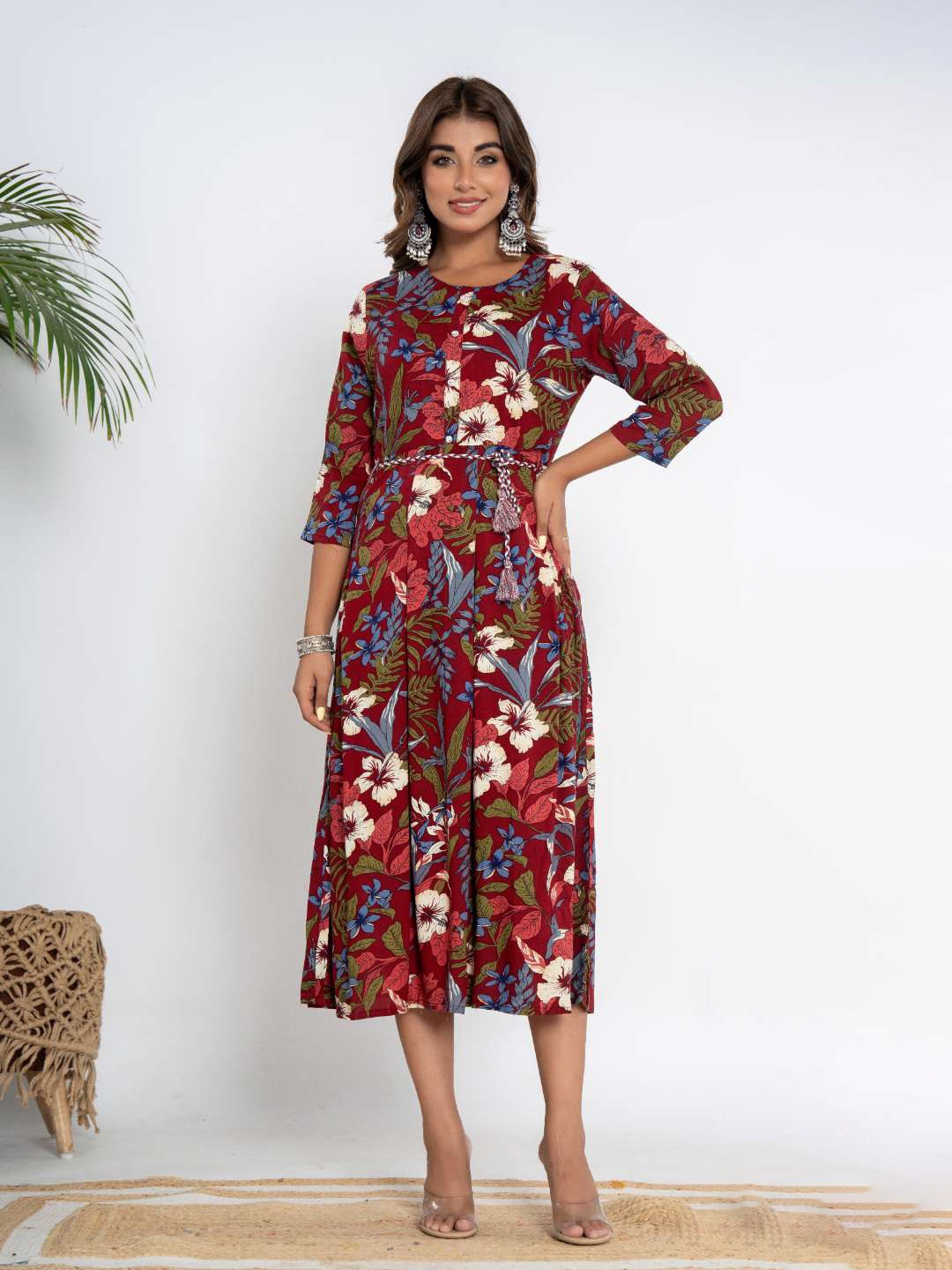 

DIZON Women Floral Printed Midi Fit & Flare Ethnic Dress, Maroon
