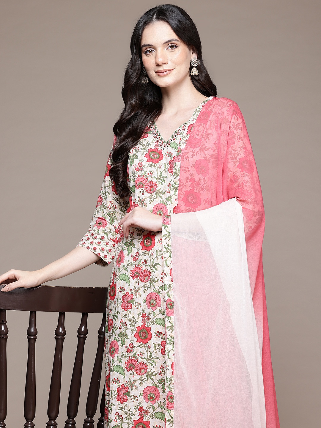 

Readiprint Floral Printed Thread Work Kurta with Palazzos & Dupatta, Cream