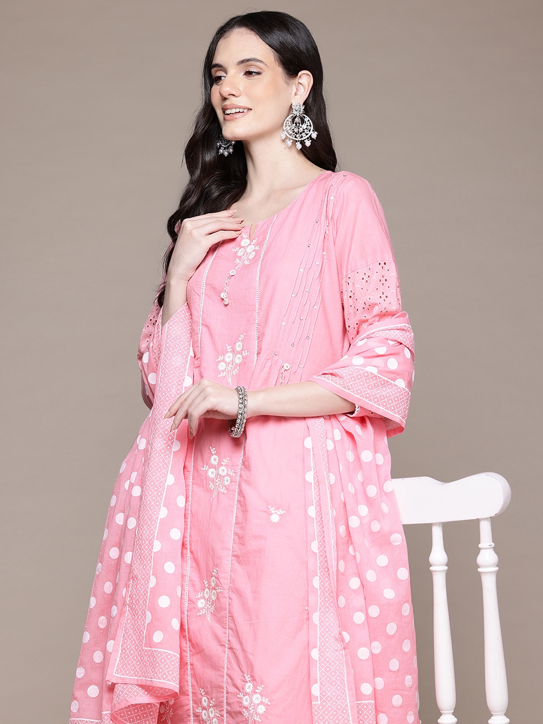 

Readiprint Fashions Floral Embroidered Thread Work Kurta with Palazzos & Dupatta, Pink
