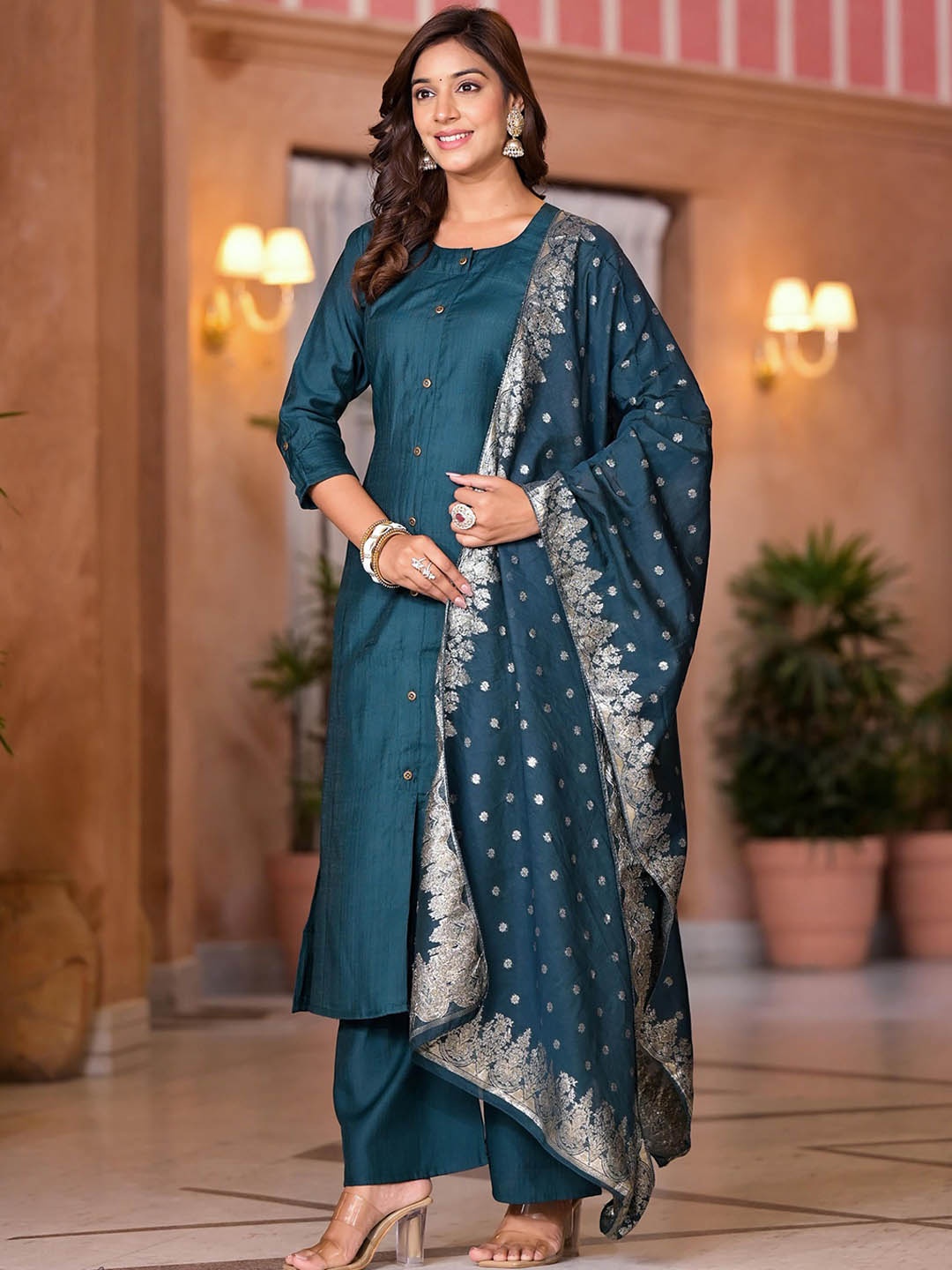 

Juniper Round Neck Kurta with Palazzo & Dupatta, Green