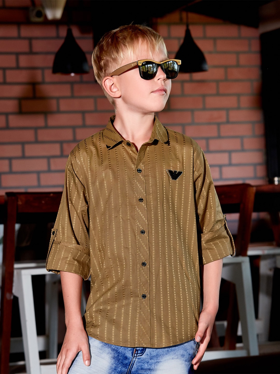 

MashUp Boys Classic Opaque Striped Cotton Shirt, Brown