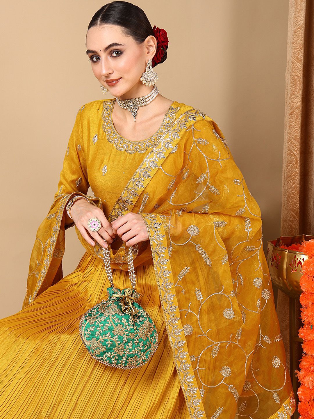 

KALINI Embroidered Thread Work Anarkali Kurta with Trousers & Dupatta, Yellow