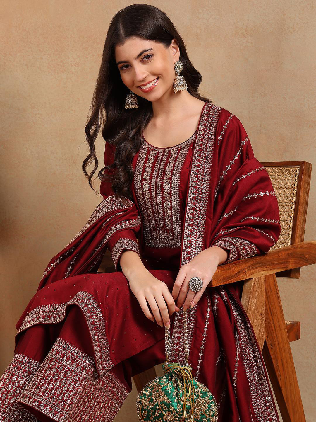 

KALINI Floral Yoke Design Sequinned Straight Kurta With Palazzos & Dupatta, Maroon