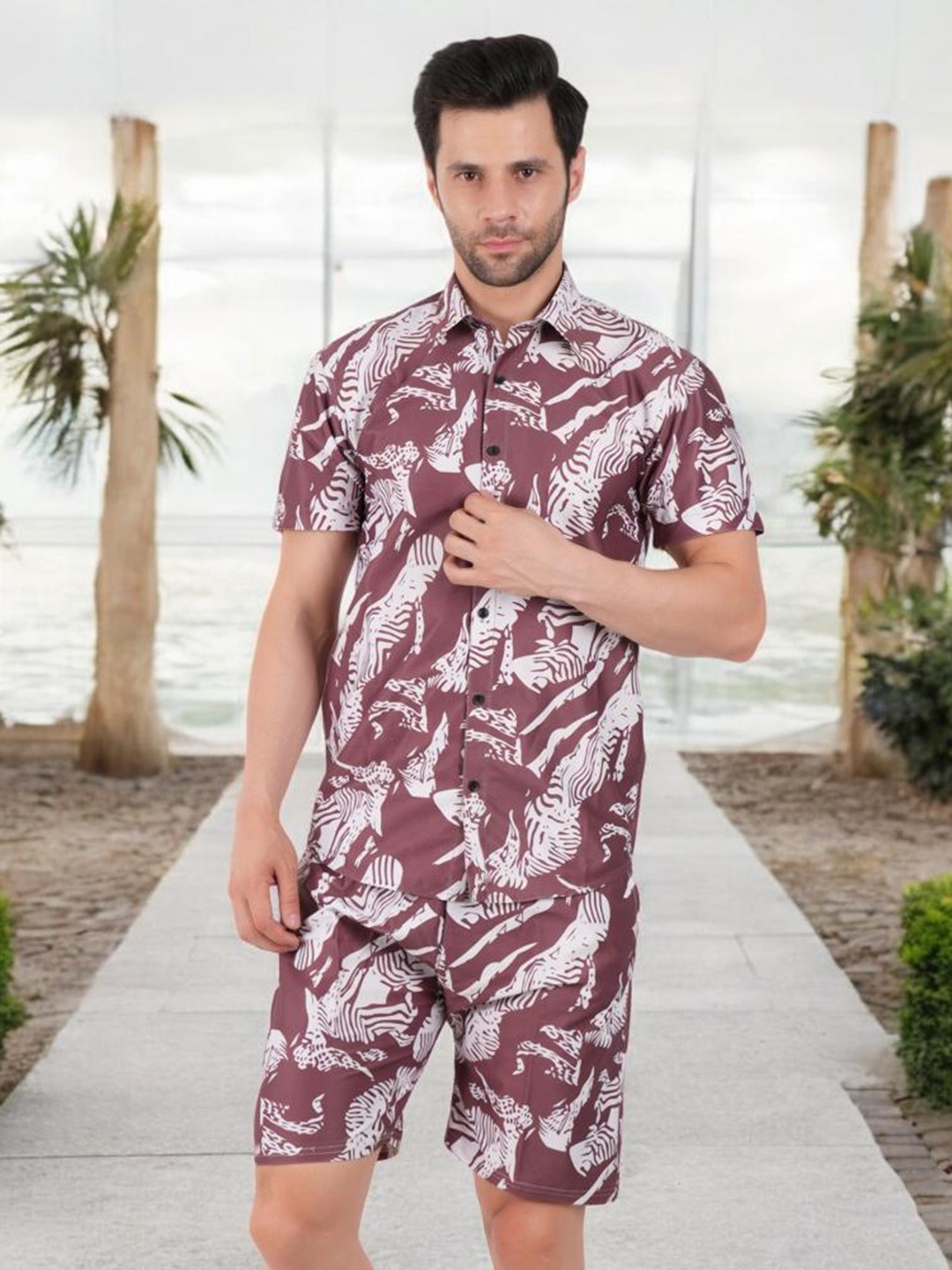 

BOTABOCHI Printed Shirt & Shorts, Brown