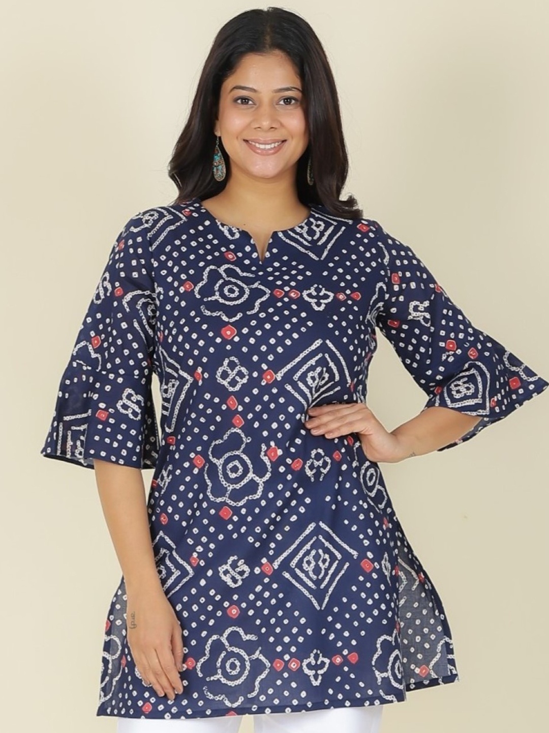 

Aramya Bandhani Printed Round Notch Neck Bell Sleeves Cotton Straight Kurta, Blue