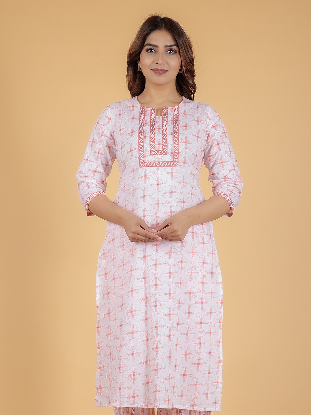Aramya Geometric Printed Round Neck Cotton Straight Kurta, Orange