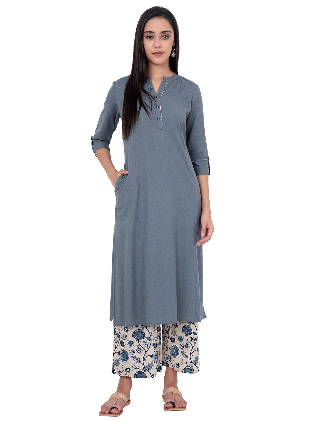 

Neemiya Floral Printed Straight Kurta with Palazzos, Grey