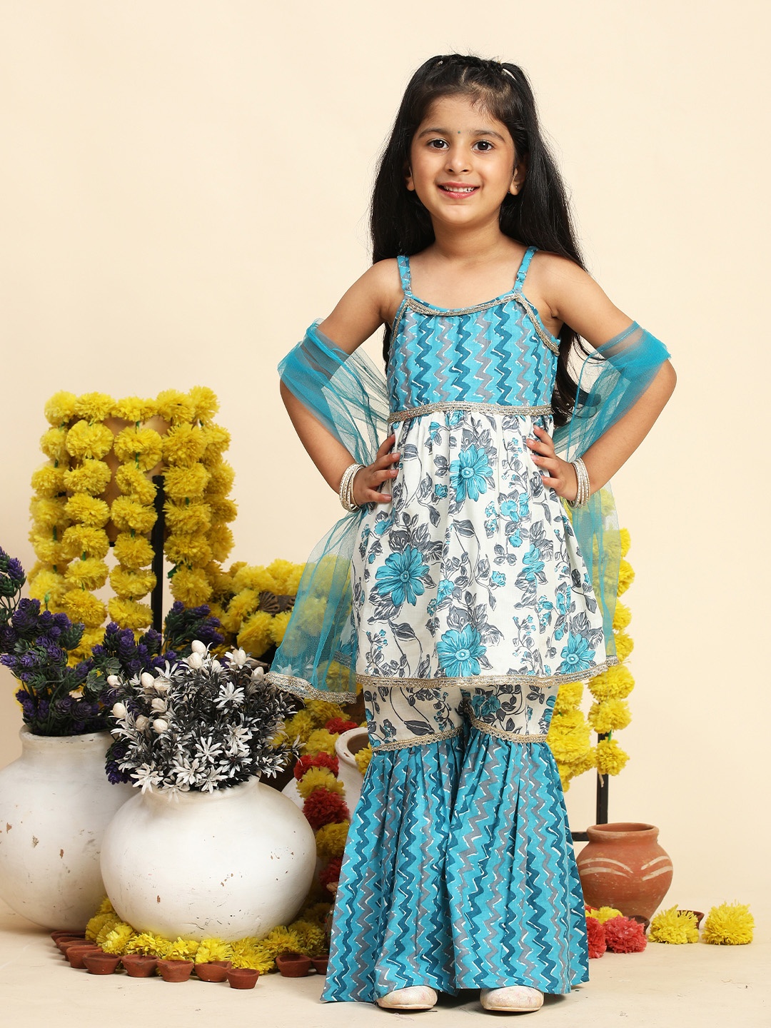 

Cutiekins Girls Floral Printed Gotta Patti Pure Cotton Kurta with Sharara & Dupatta, Blue