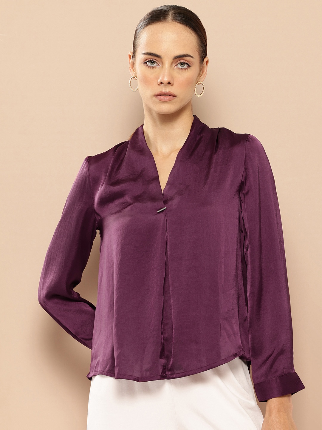 

her by invictus V-Neck Pleated Top, Burgundy
