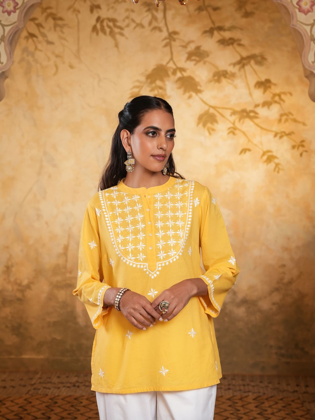 

House of Chikankari Chikankari Woven Short Kurta, Yellow