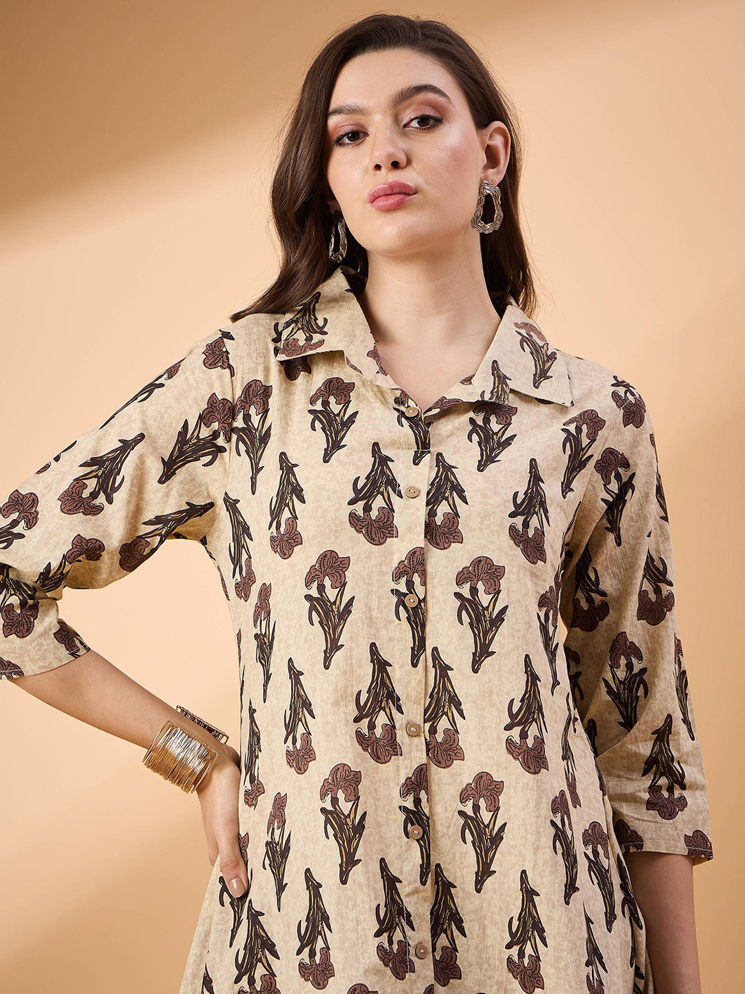 

TANISHA Floral Printed Pure Cotton Shirt Collar Top With Trousers, Beige