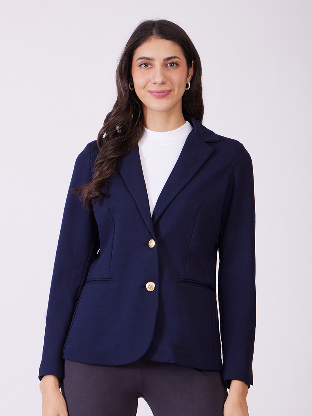 

FableStreet LivIn Women Lapel Collar Long Sleeves Tailored Jacket, Navy blue