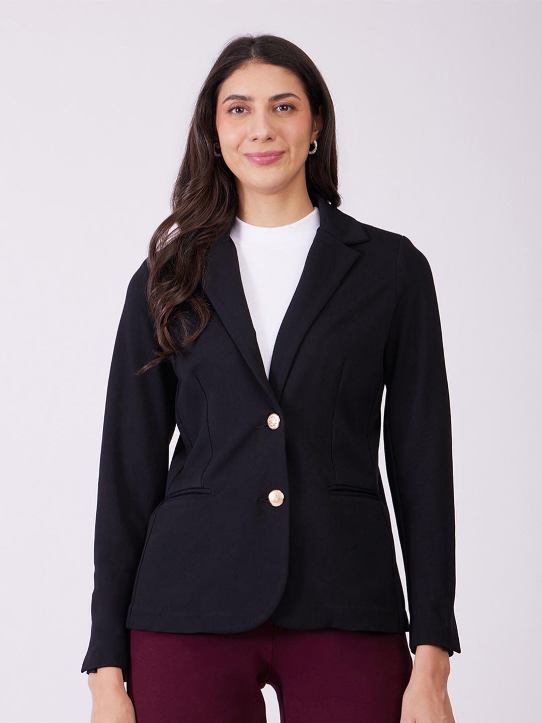 

FableStreet LivIn Women Black Lapel Collar Long Sleeves Tailored Jacket