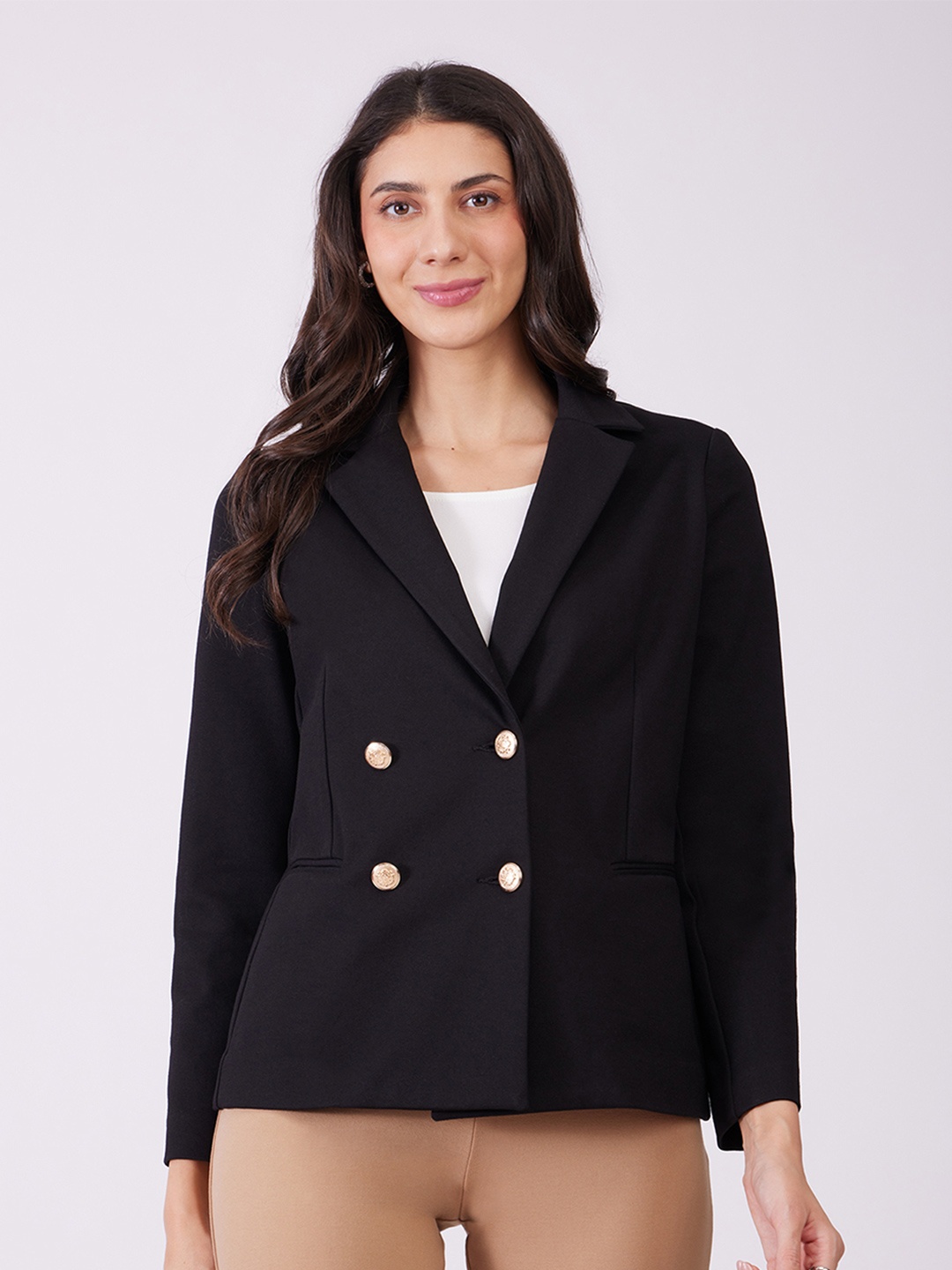 

FableStreet LivIn Women Lapel Collar Long Sleeves Tailored Jacket, Black