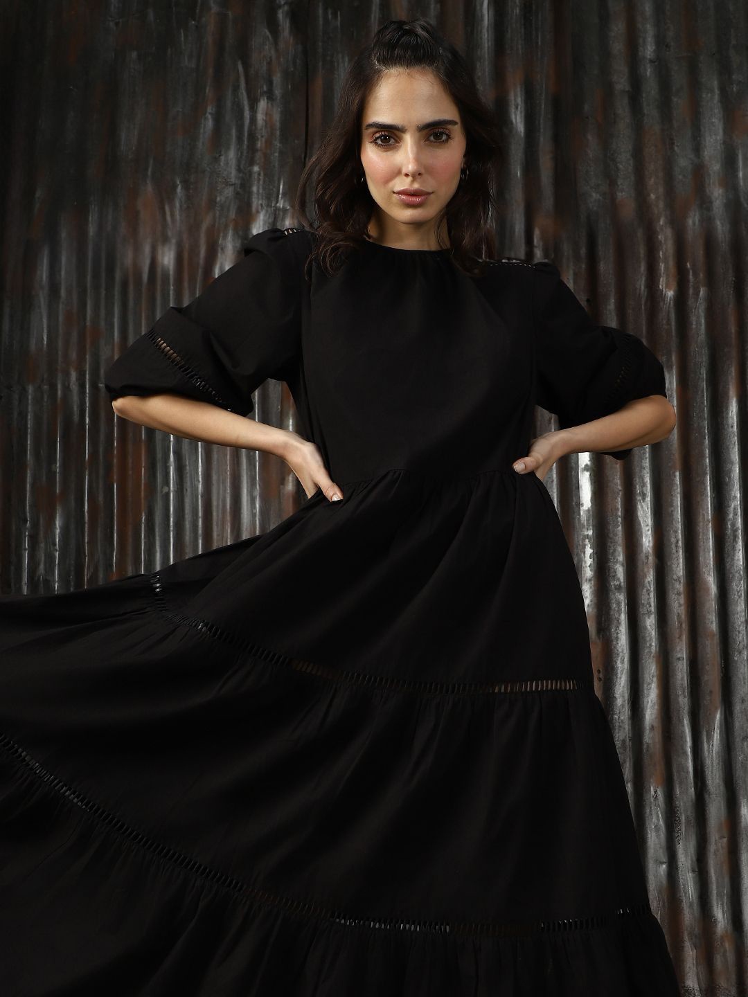 

High Star Solid Tier Cotton Maxi Puff Sleeves geathers in neck Dress, Black