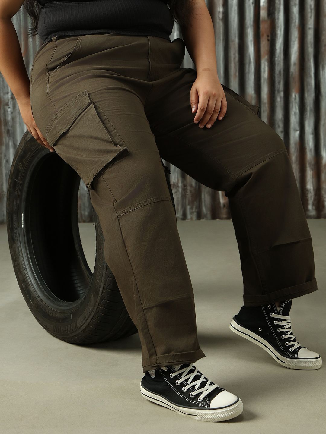 

Freeform By High Star Women Straight Fit High-Rise Easy Wash Cargo Trousers, Green