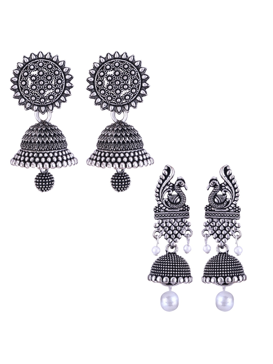 

DIVASTRI Set Of 2 Silver-Plated Peacock Shaped Oxidised Jhumkas