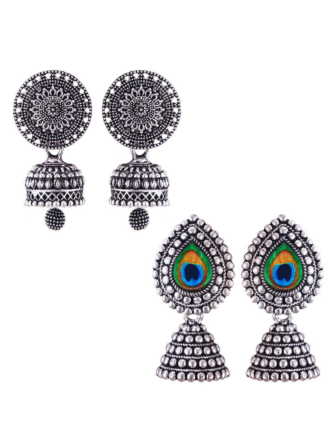 

DIVASTRI Set Of 2 Silver-Plated Stones Studded and Beaded Floral Oxidised Jhumkas