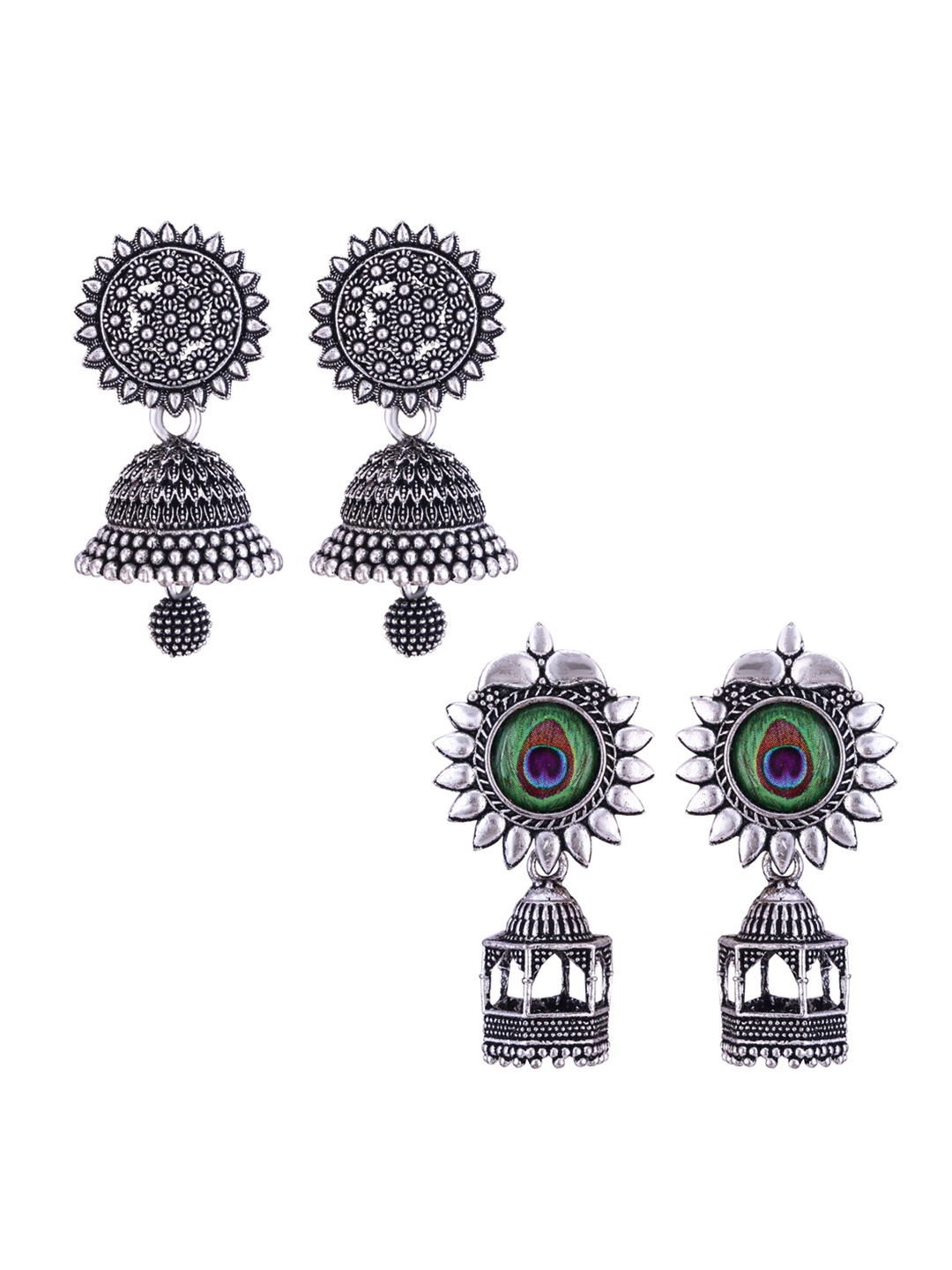 

DIVASTRI Set Of 2 Silver-Plated Stones Studded and Beaded Floral Oxidised Jhumkas