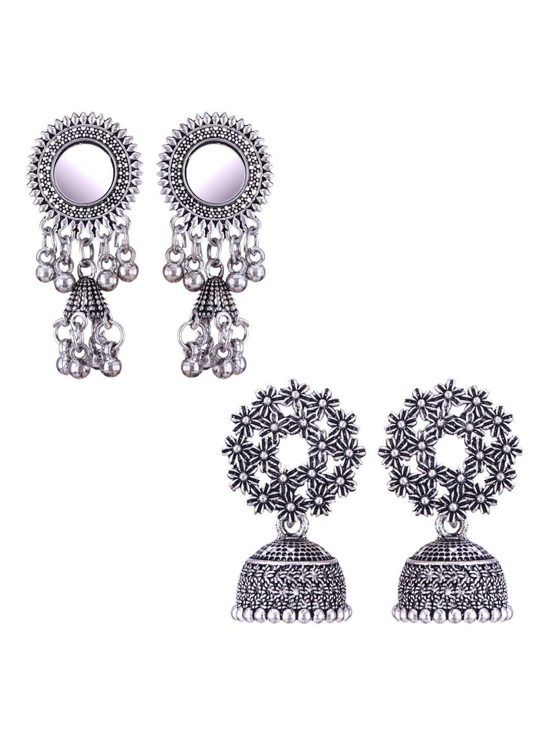 

DIVASTRI Set Of 2 Silver-Plated Peacock Shaped Oxidised Jhumkas Earrings