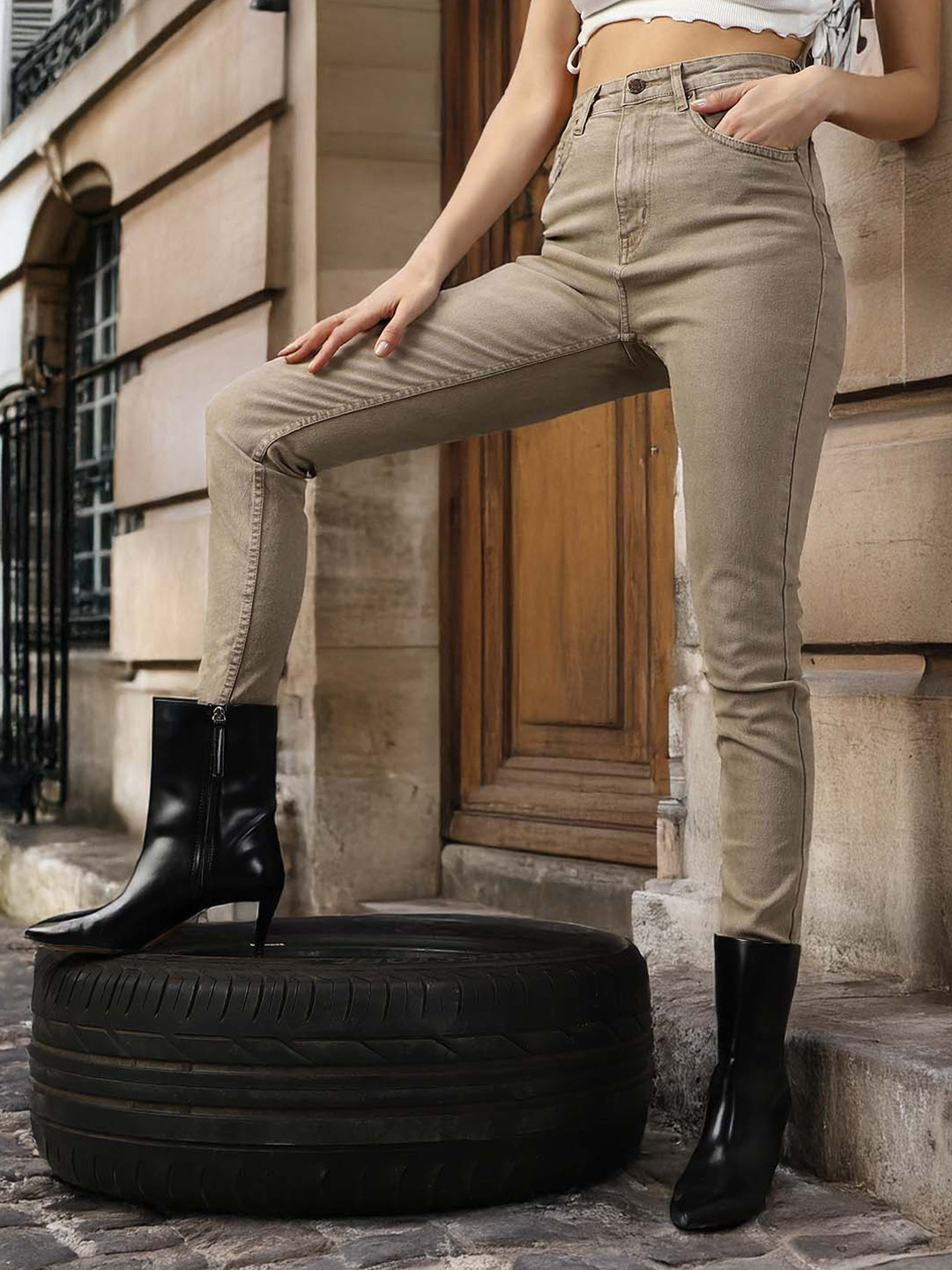 

High Star Women Super Skinny Fit High-Rise Jeans, Beige