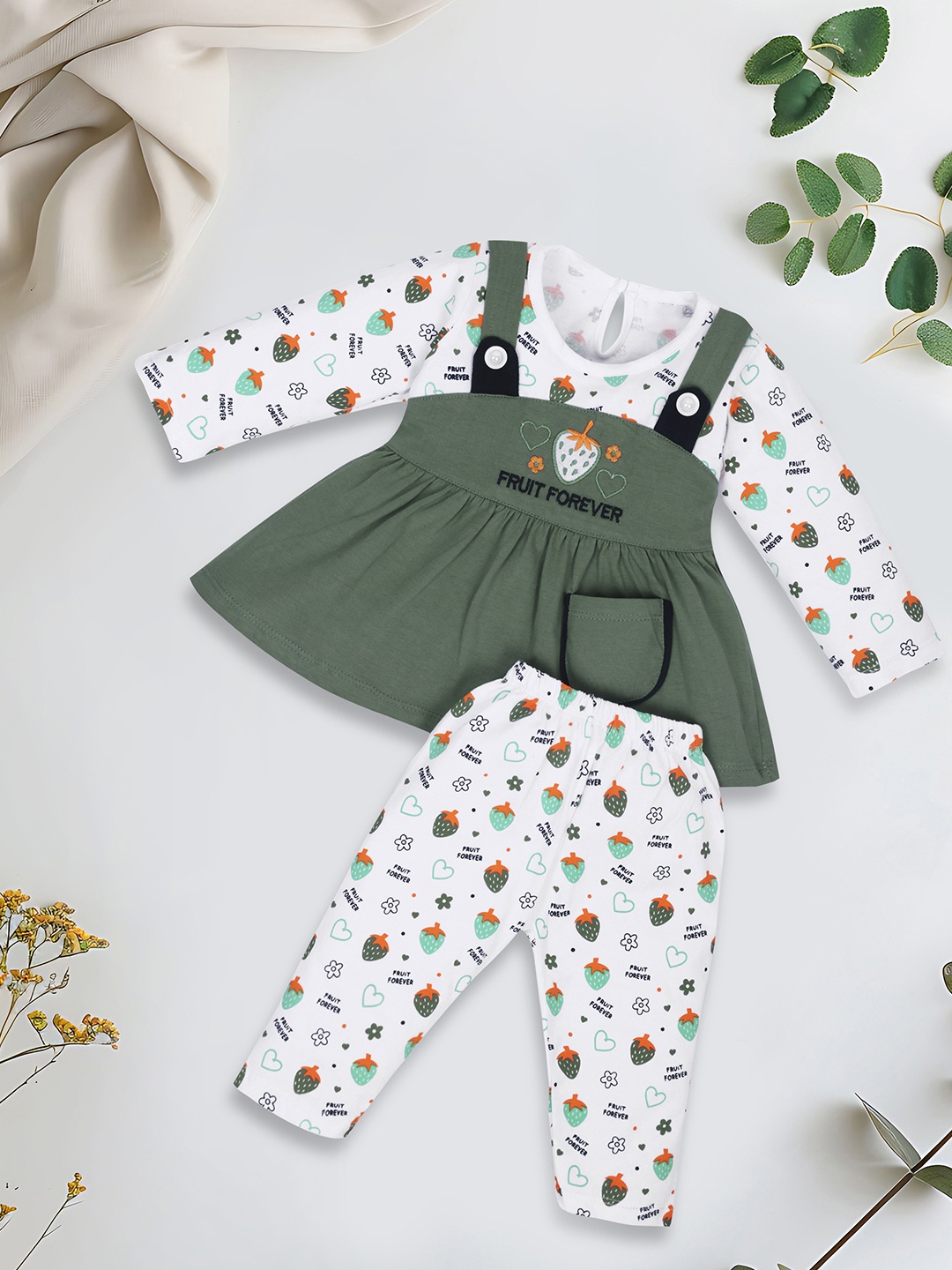 

FEBVIBE Kids-Girls Conversational Printed Fit & Flare Long Sleeves Cotton Dress, Green