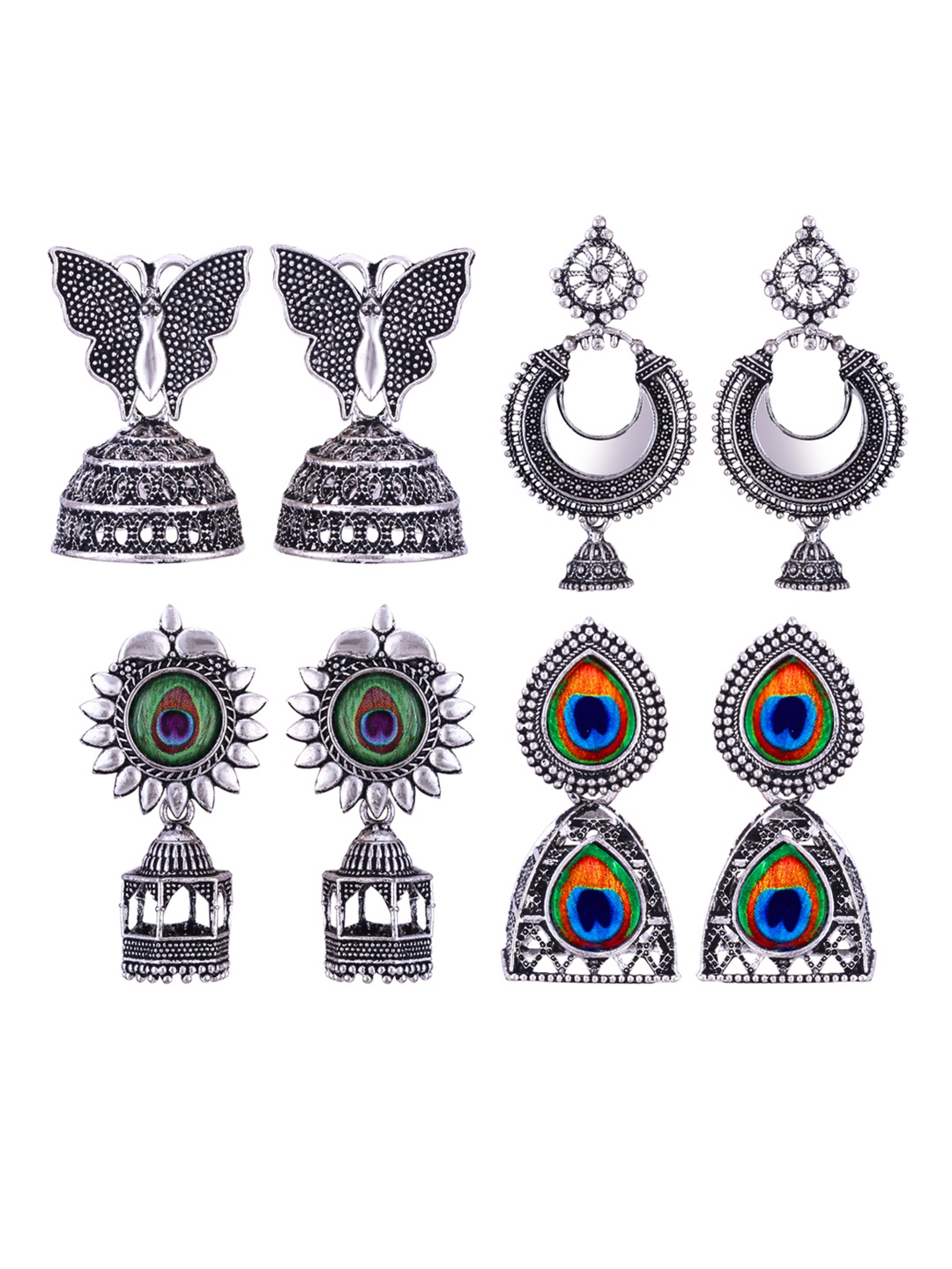 

DIVASTRI Set of 4 Silver Plated Dome Shaped Oxidised Jhumkas