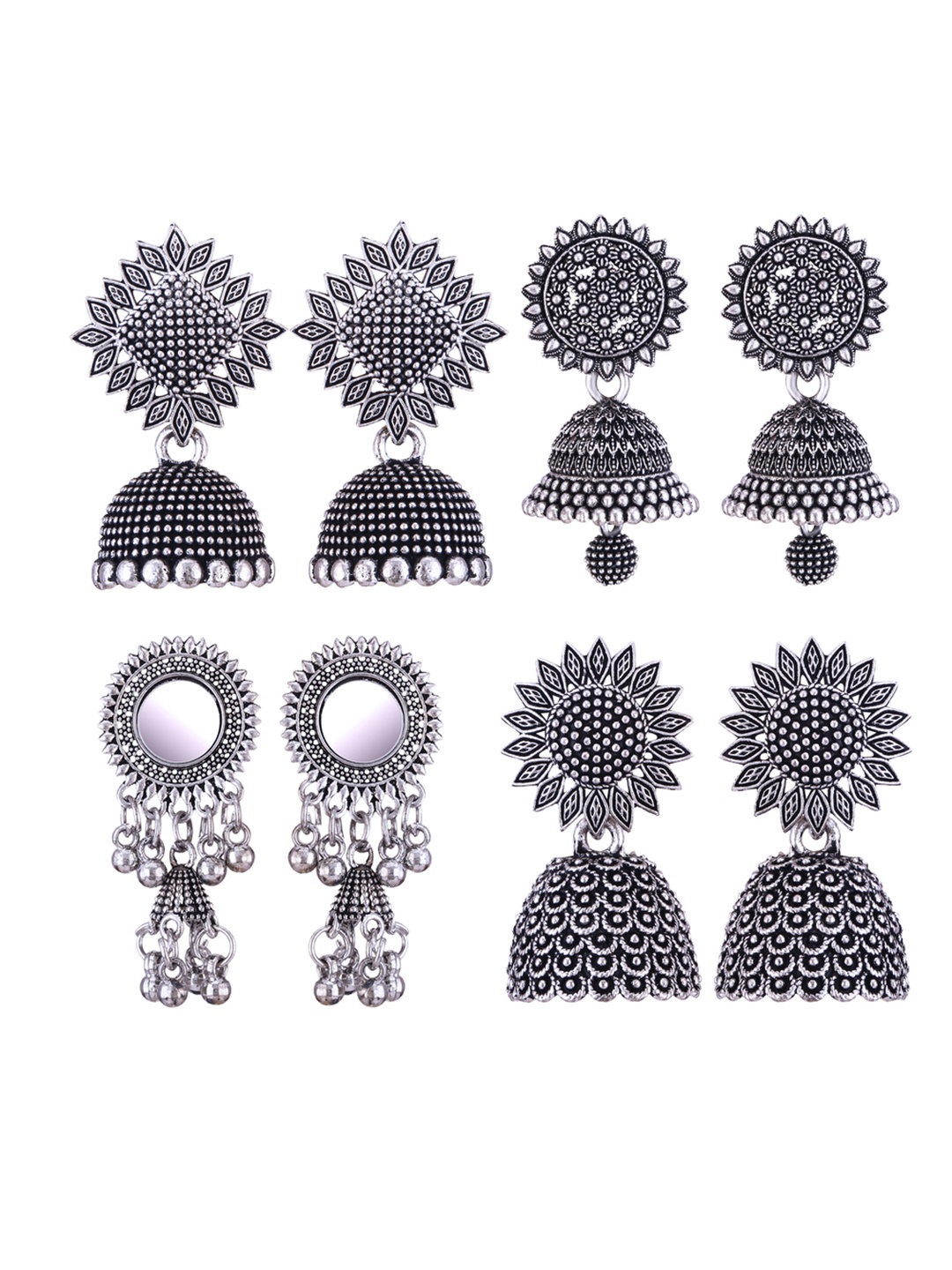 

DIVASTRI Set Of 4 Silver-Plated Peacock Shaped Oxidised Jhumkas
