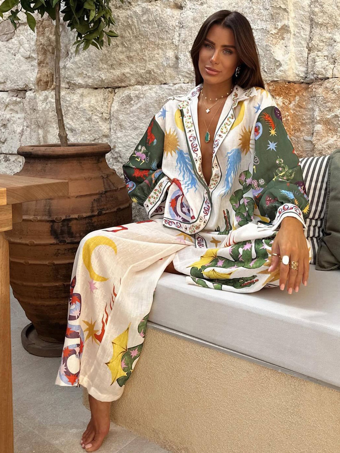

MIAKEE Graphic Printed Shirt With Palazzo, White