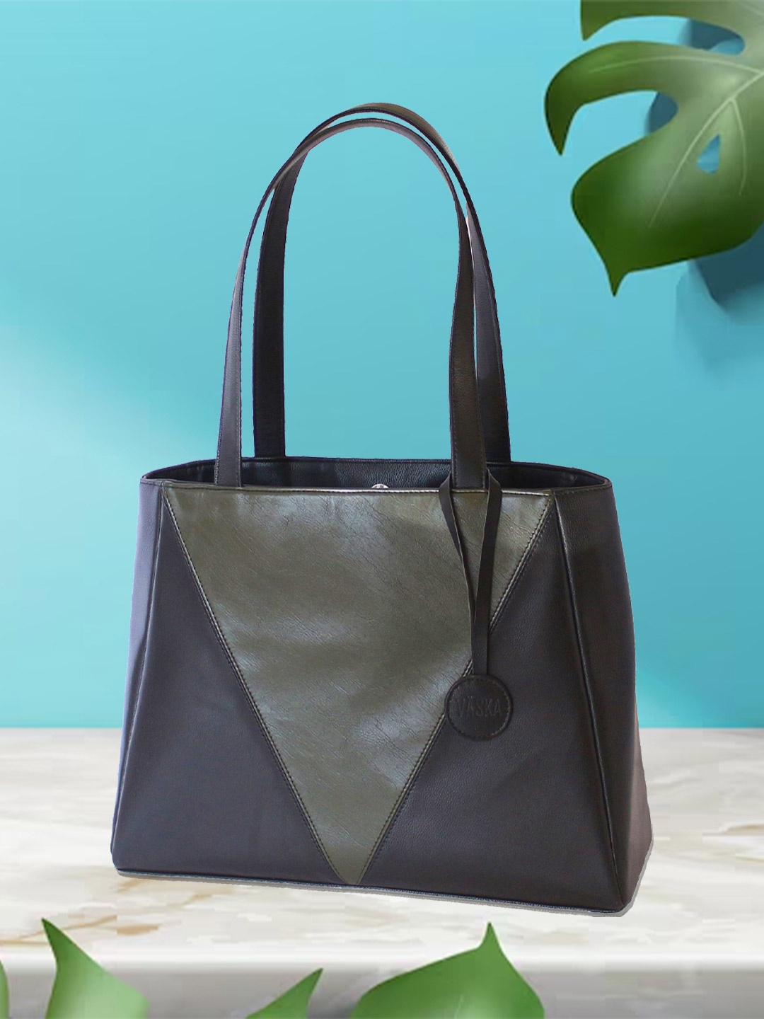 

VASKA Women Colourblocked Shopper Tote Bag, Olive