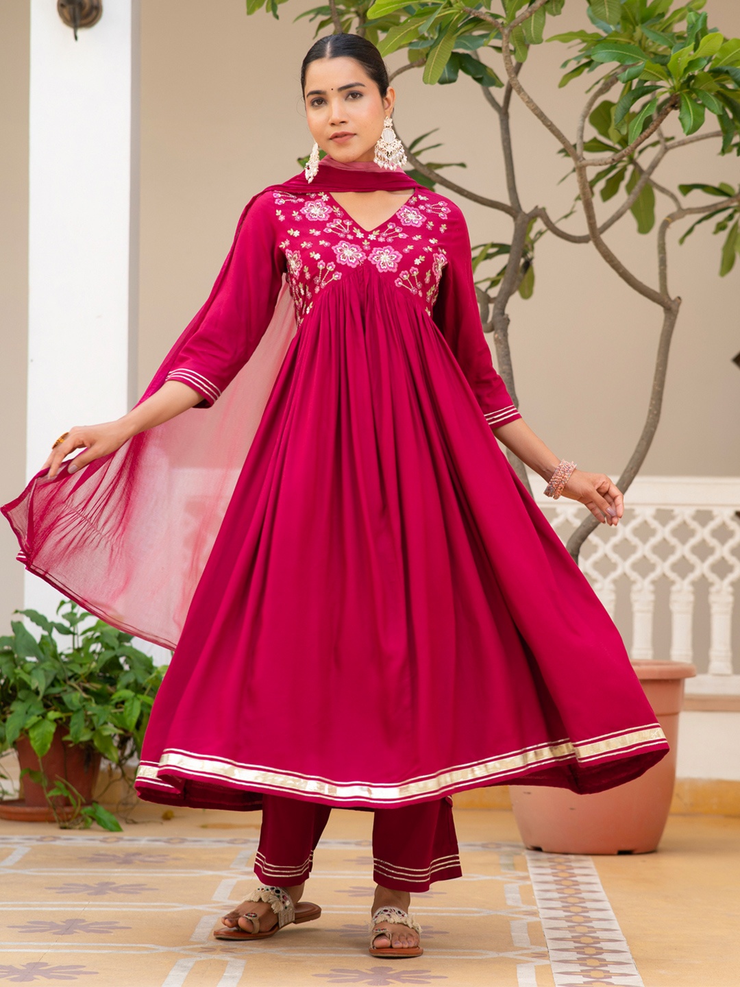 

Neemiya Floral Embroidered V Neck Straihjt Kurta & Palazzos With Dupatta, Purple