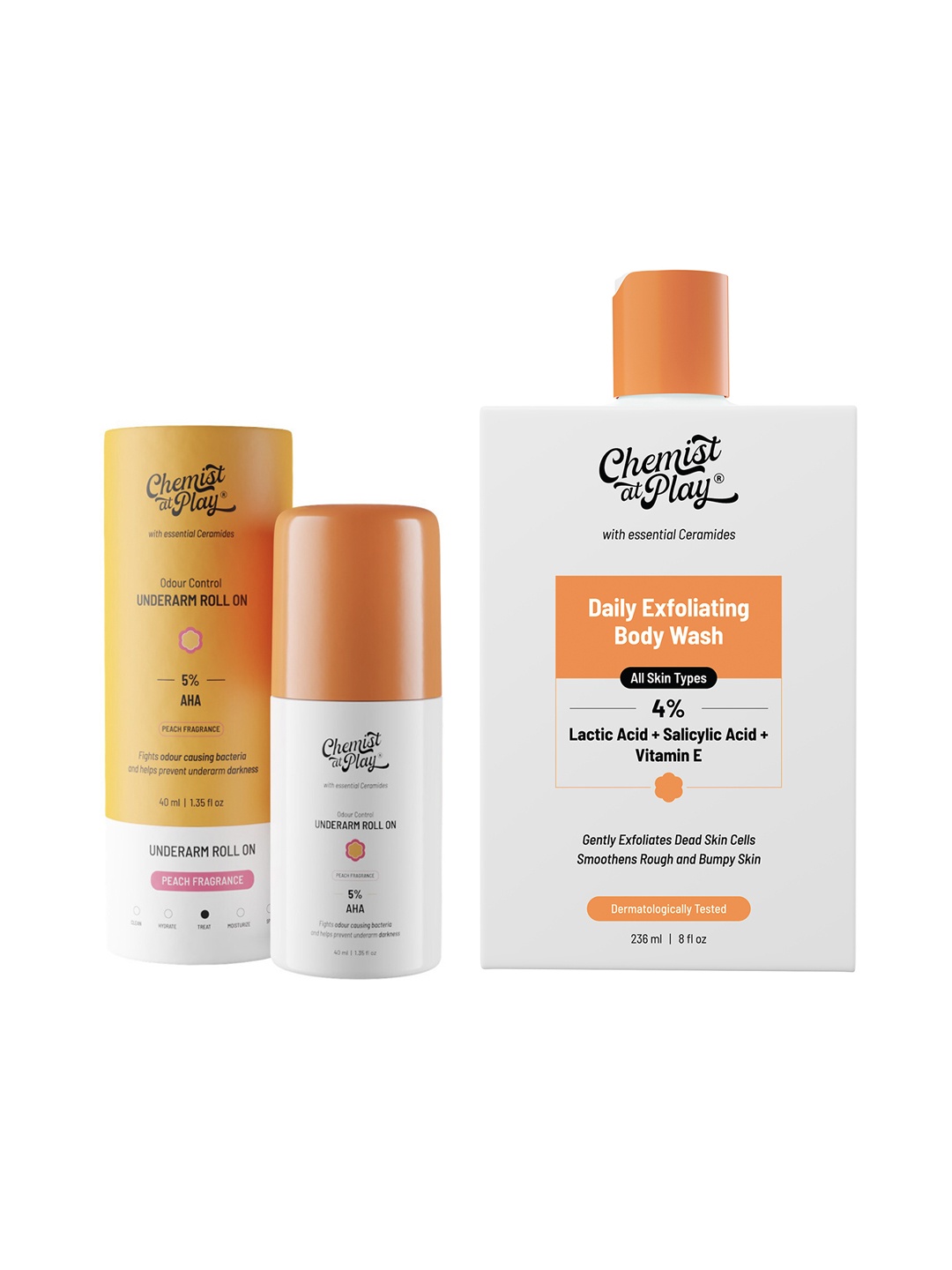 

Chemist at Play Set of Daily Exfoliating Body Wash - 236ml & Peach Underarm Roll On - 40ml, Orange