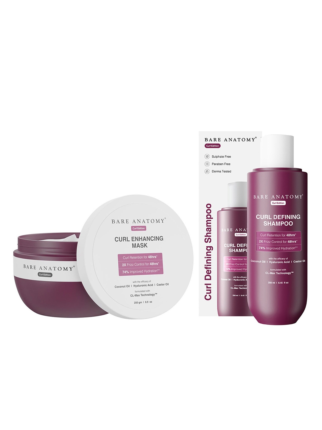 

Bare Anatomy Set of Curl Defining Shampoo - 250ml & Curl Enhancing Hair Mask - 250g, Purple
