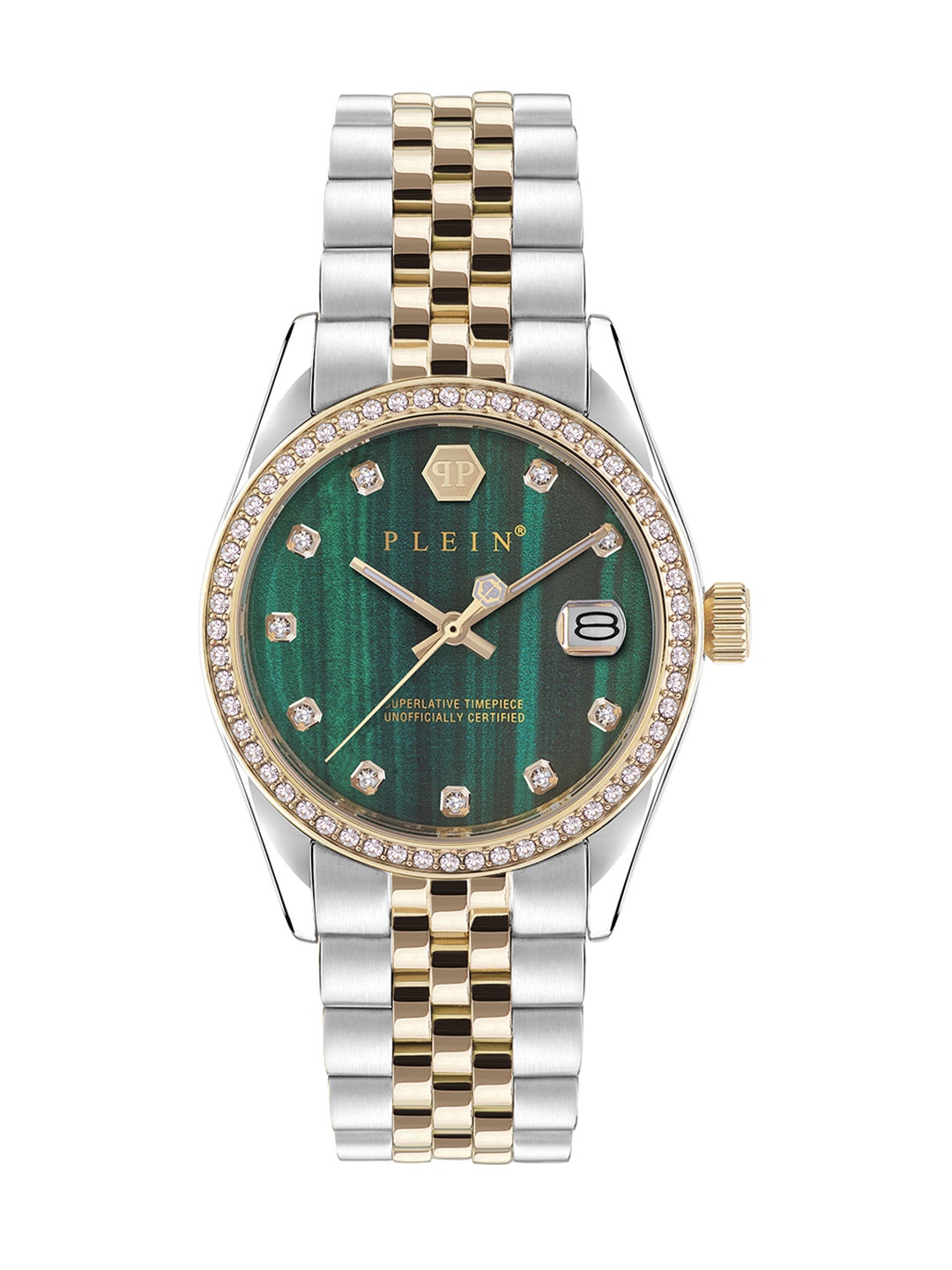 

PHILIPP PLEIN Women Brass Embellished Dial & Stainless Steel Bracelet Style Straps Analogue Watch PWYAA0523, Green