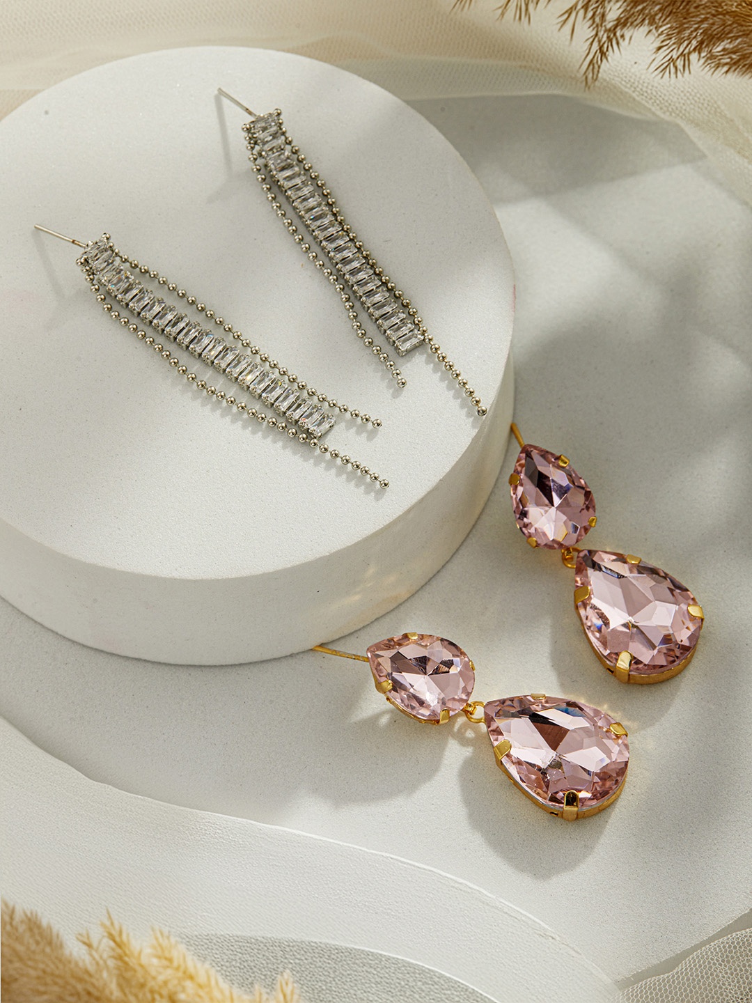 

Jazz and Sizzle Set of 2 Gold-Plated Contemporary Stone Studded Drop Earrings, Silver