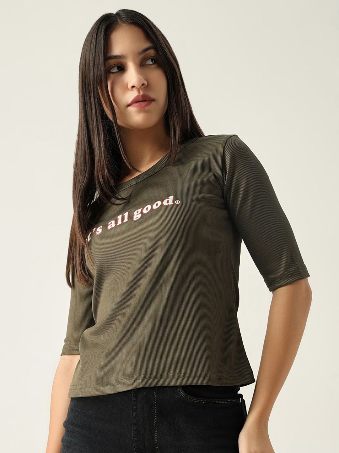 

SHOWOFF Women Typography Printed Round Neck Cotton Slim Fit T-shirt, Olive