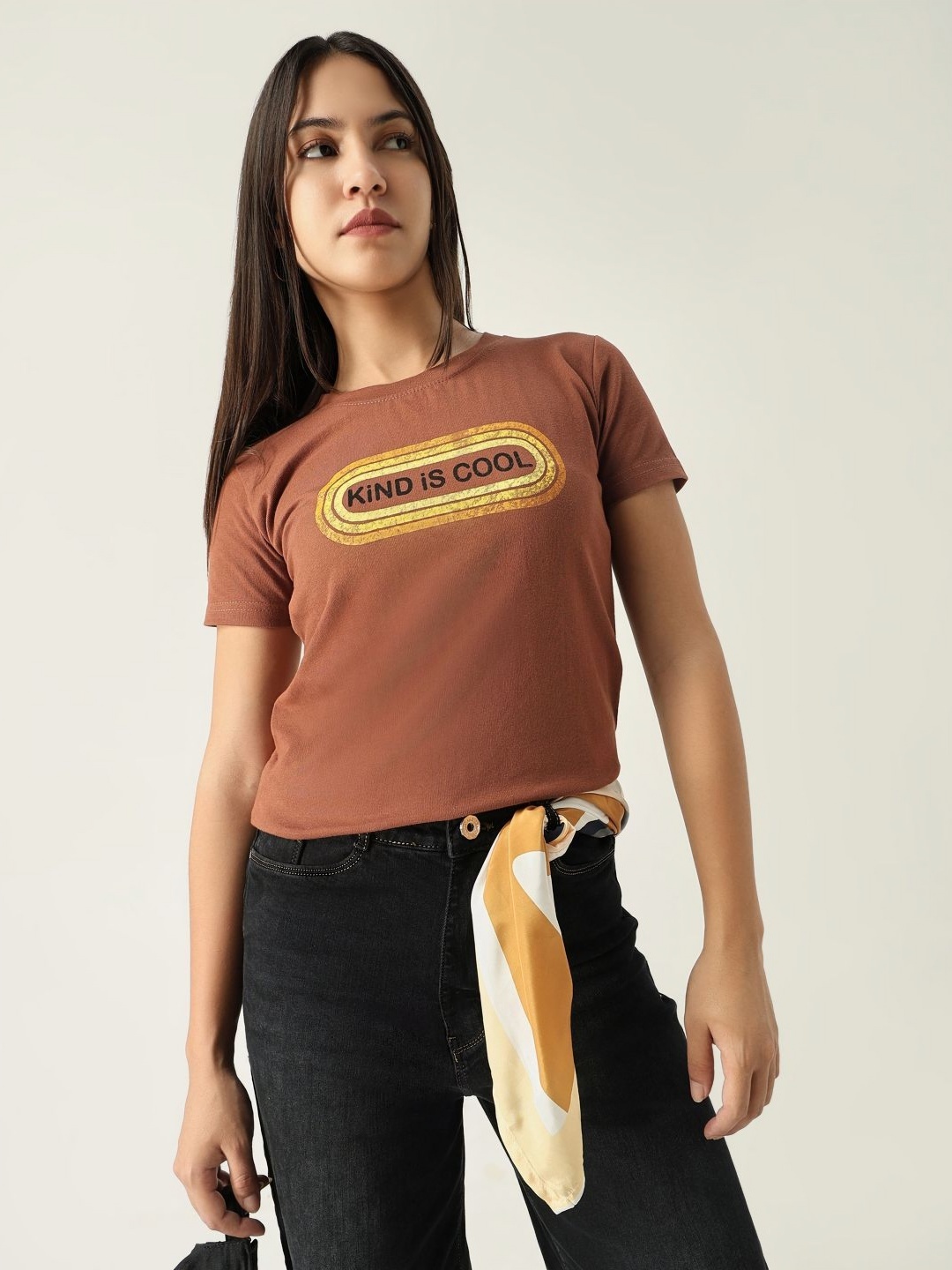 

SHOWOFF Women Typography Printed Round Neck Cotton Slim Fit T-shirt, Brown
