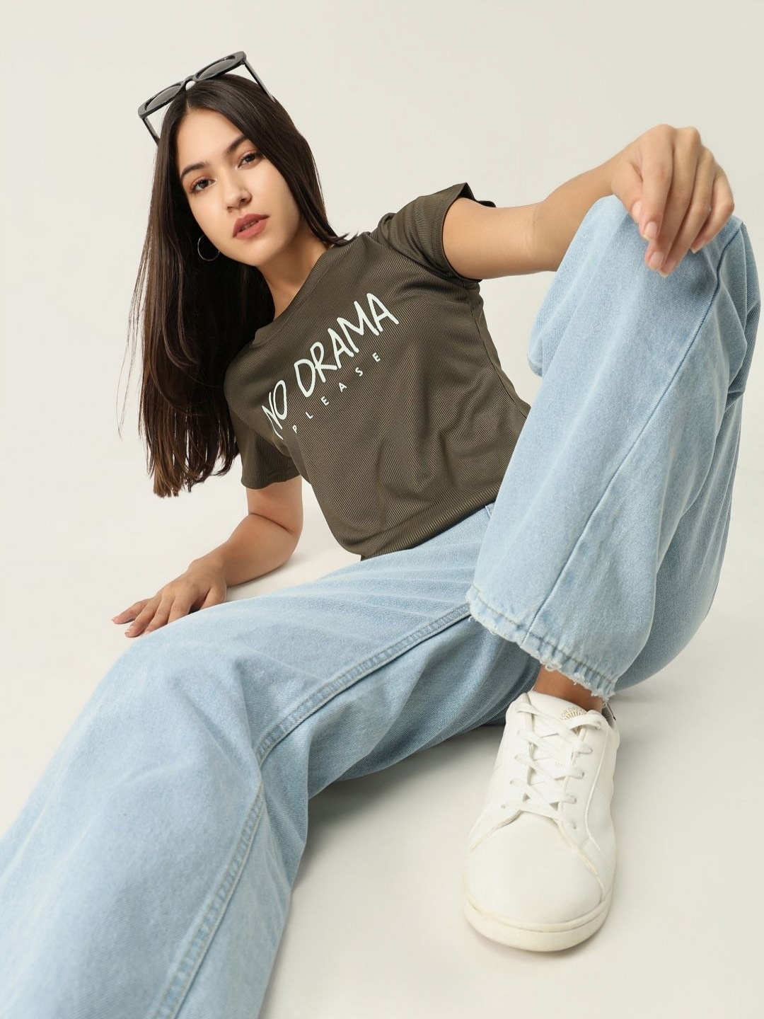 

SHOWOFF Women Typography Printed Round Neck Cotton Slim Fit T-shirt, Olive