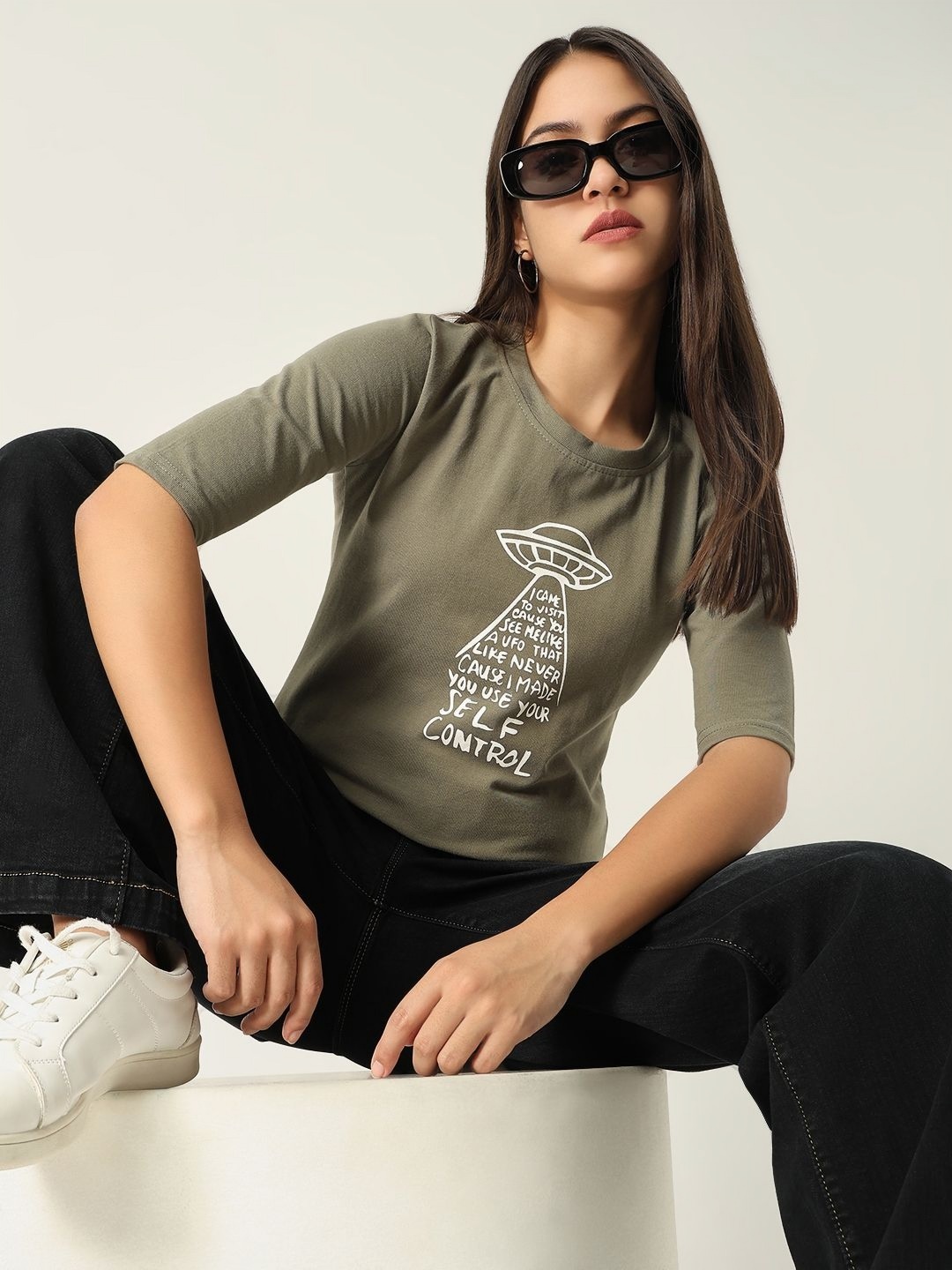 

SHOWOFF Women Typography Printed Round Neck Cotton Slim Fit T-shirt, Olive