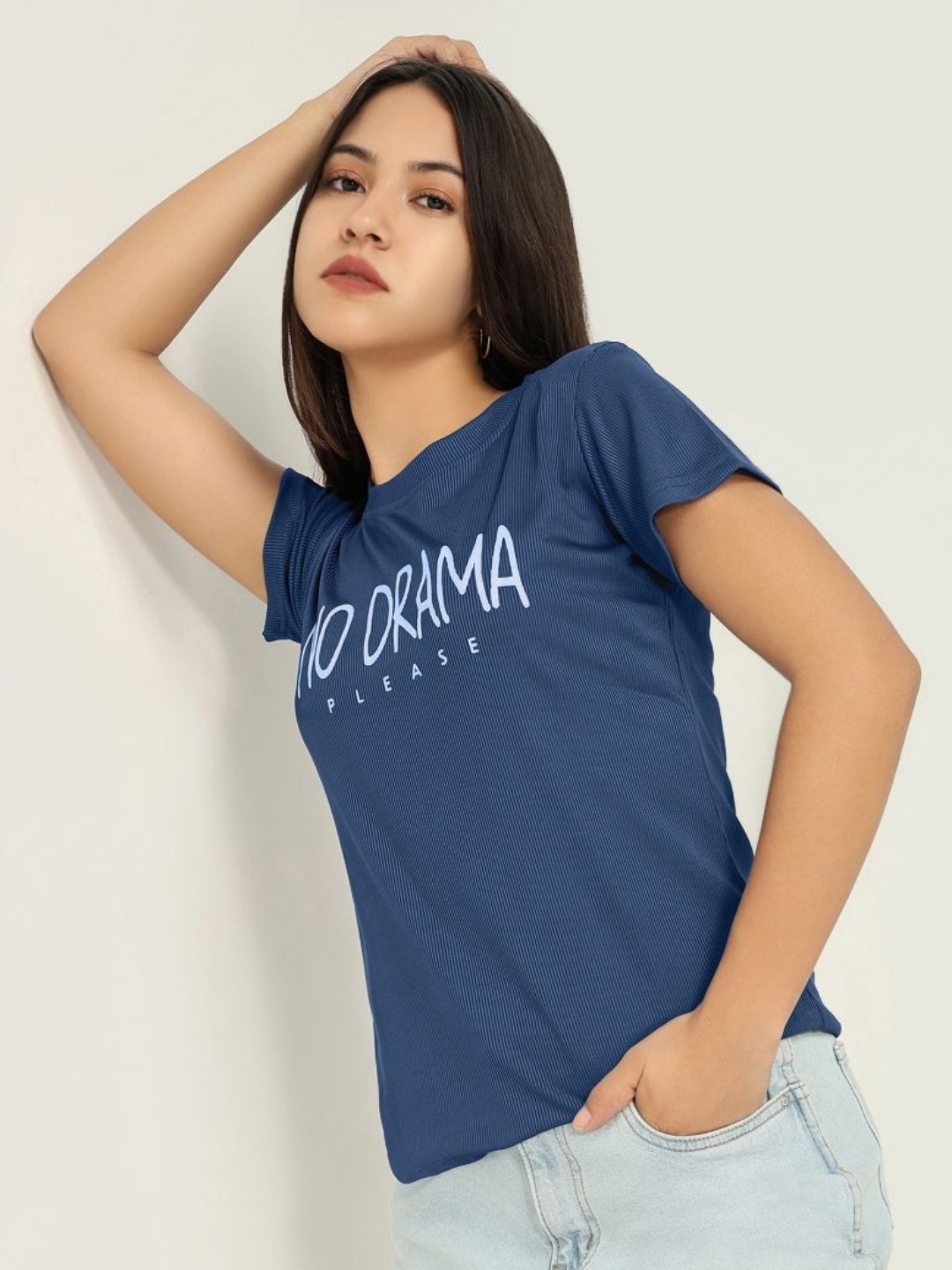 SHOWOFF Women Typography Printed Round Neck Cotton Slim Fit T-shirt, Blue