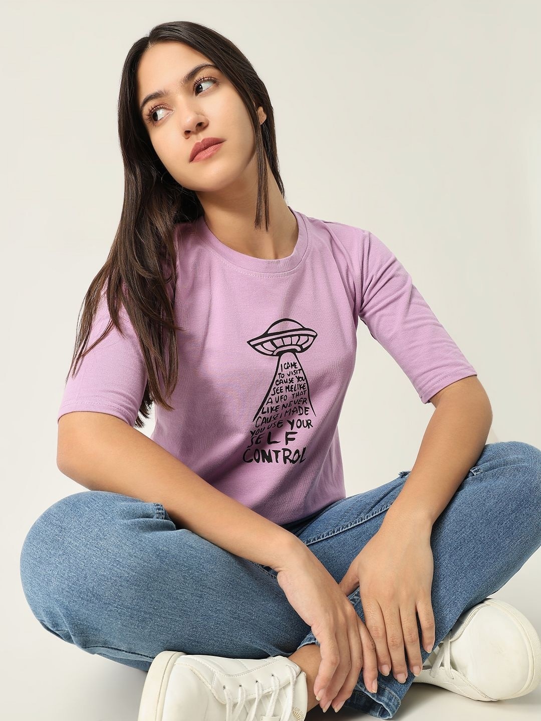 

SHOWOFF Women Typography Printed Round Neck Cotton Slim Fit T-shirt, Lavender