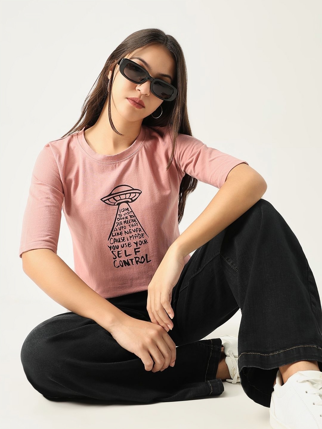 SHOWOFF Women Typography Printed Round Neck Cotton Slim Fit T-shirt, Peach