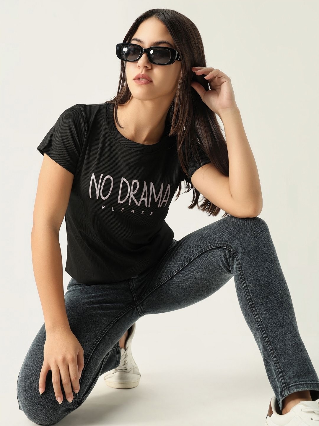 

SHOWOFF Women Typography Printed Round Neck Cotton Slim Fit T-shirt, Black