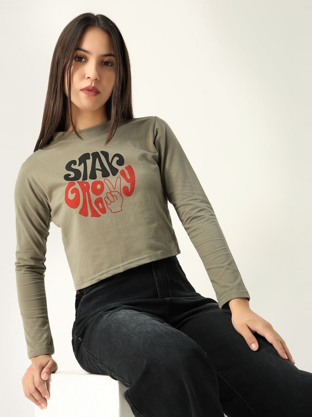 SHOWOFF Women Typography Printed Round Neck Cotton Slim Fit T-shirt, Olive