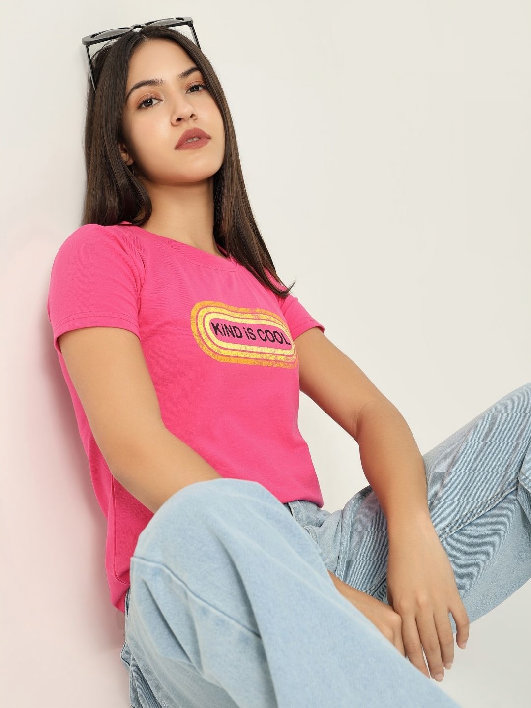 

SHOWOFF Women Typography Printed Round Neck Cotton Slim Fit T-shirt, Pink